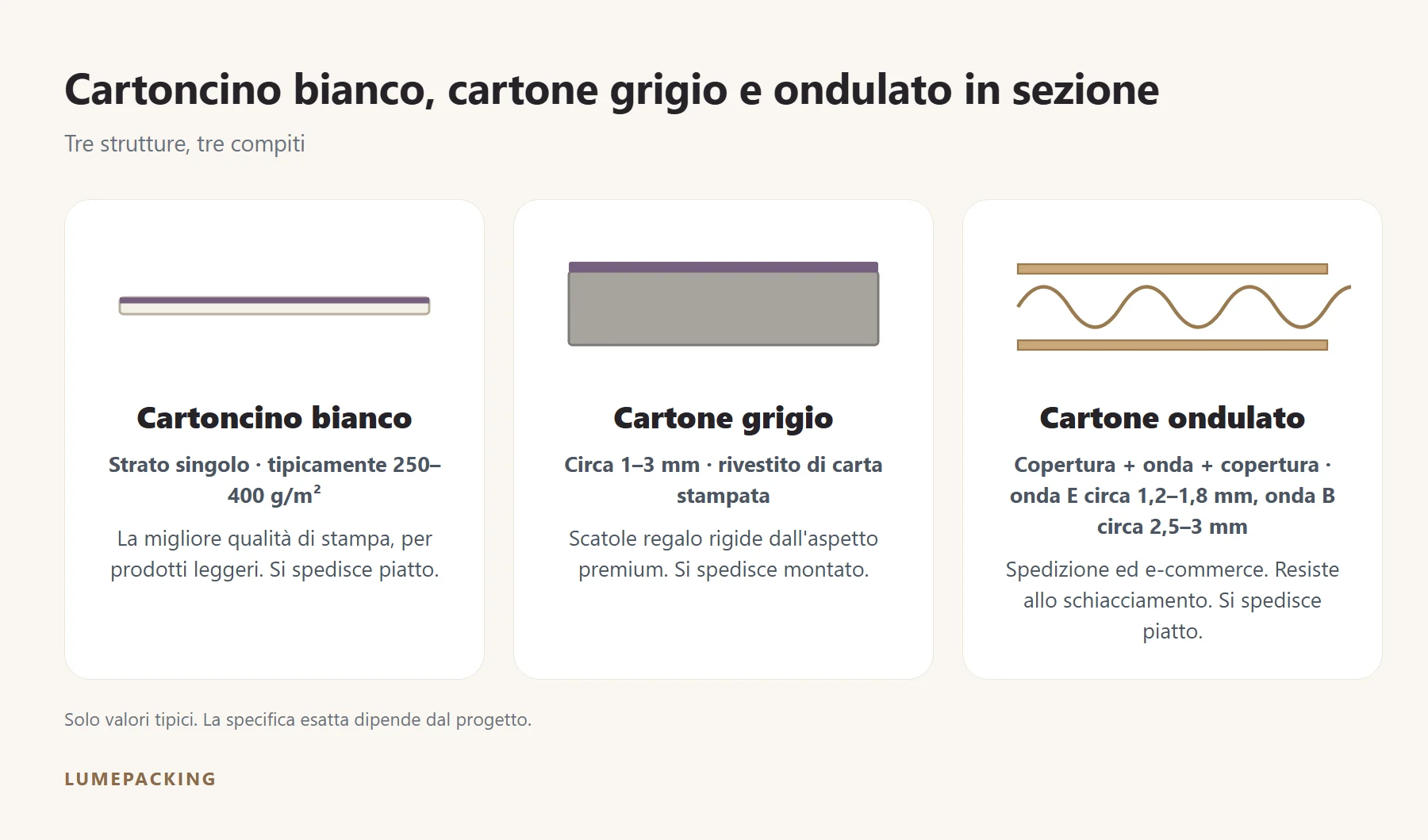 Cartoncino bianco, cartone grigio e cartone ondulato in sezione