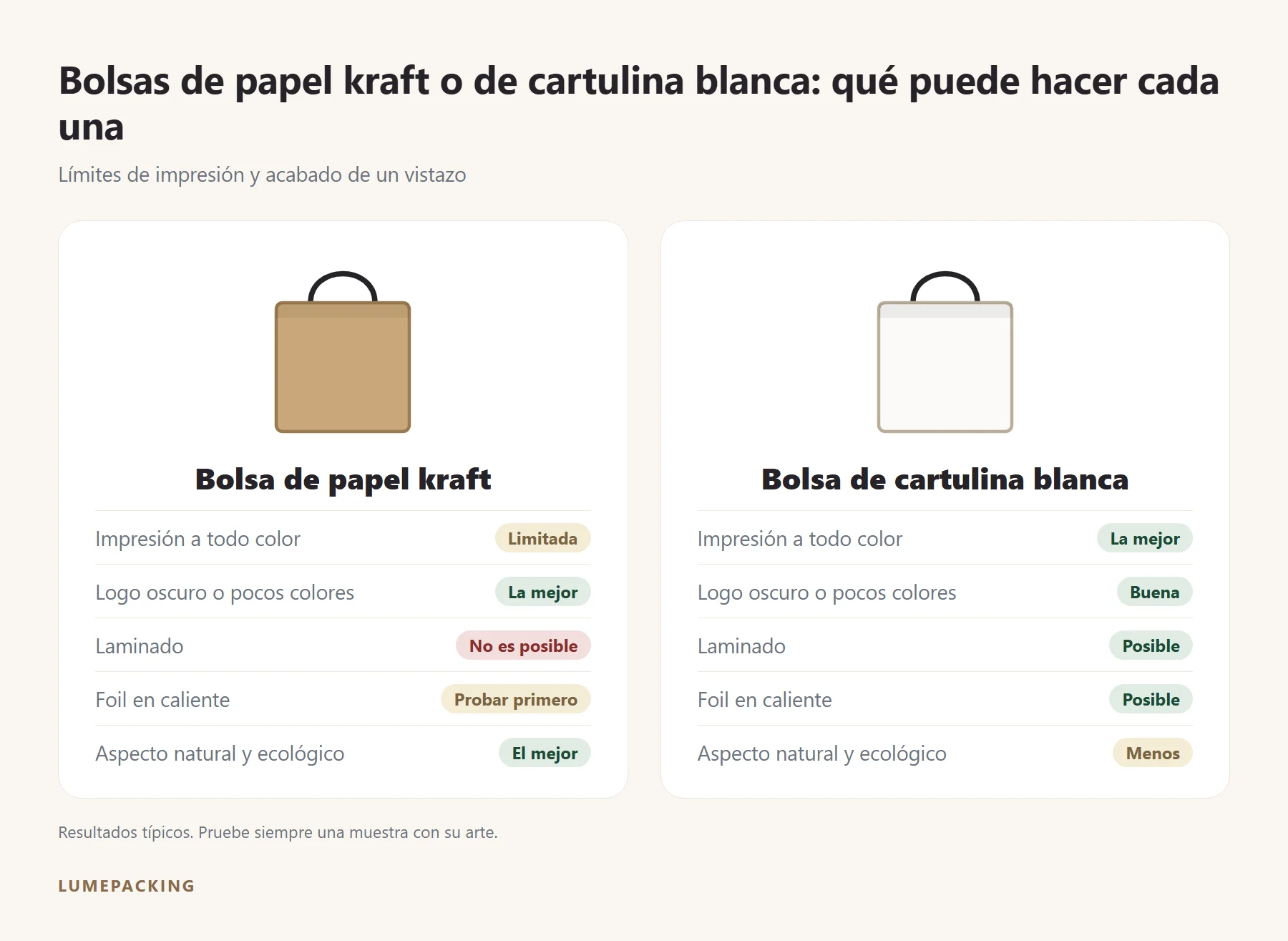 Bolsa de papel kraft frente a bolsa de cartulina blanca: límites de impresión y acabado