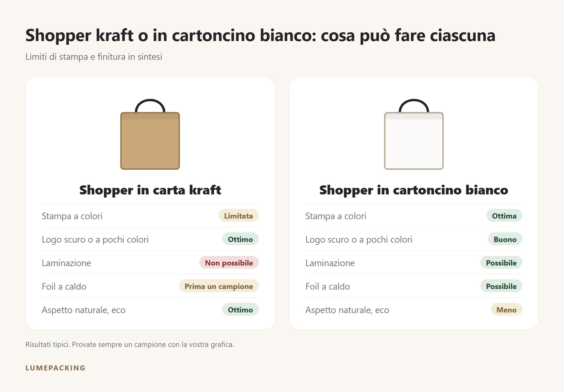 Shopper in carta kraft a confronto con shopper in cartoncino bianco: limiti di stampa e finitura