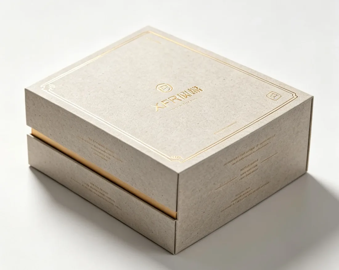 After: gift box in textured specialty paper with a fine gold foil line