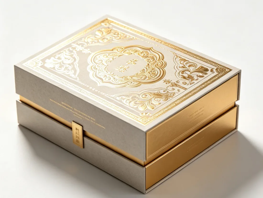 Before: gift box covered in gold foil and embossing