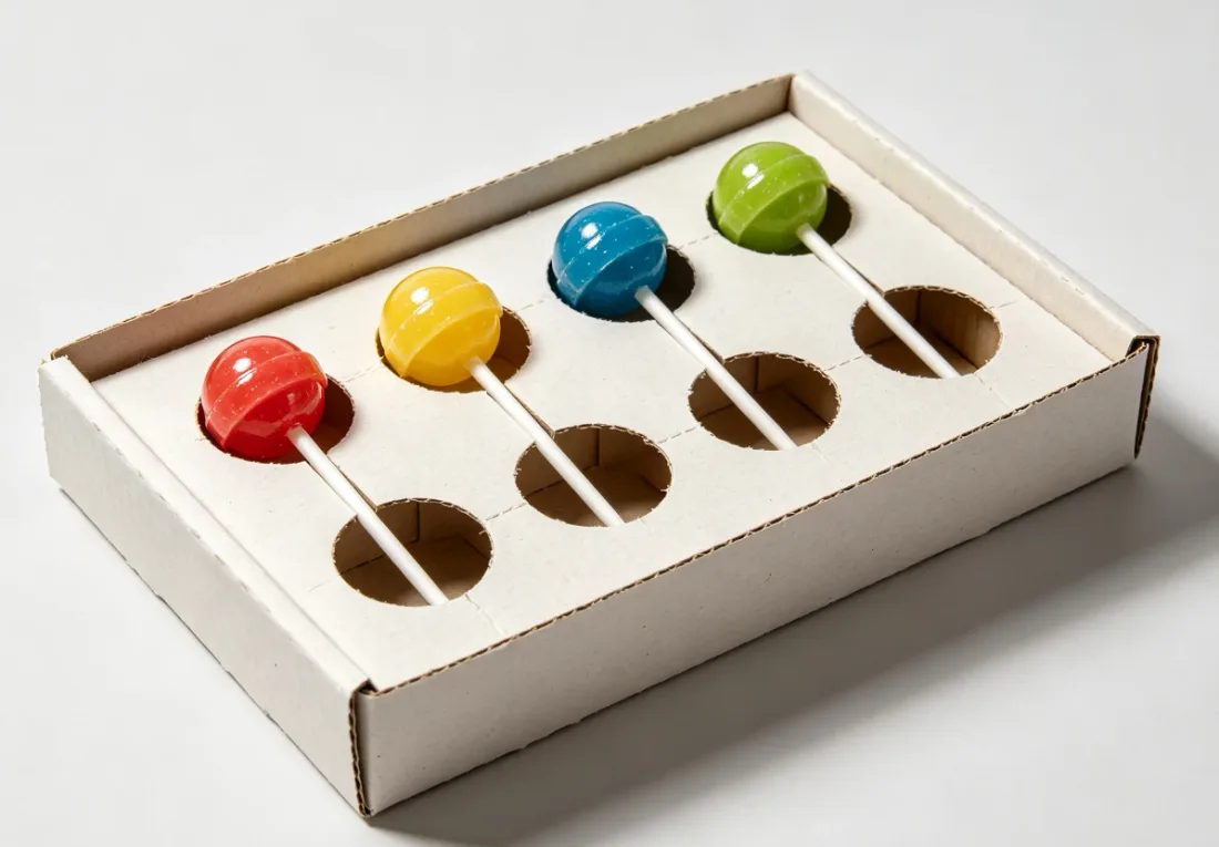 After: paperboard tray with die-cut holes holding the same lollipops