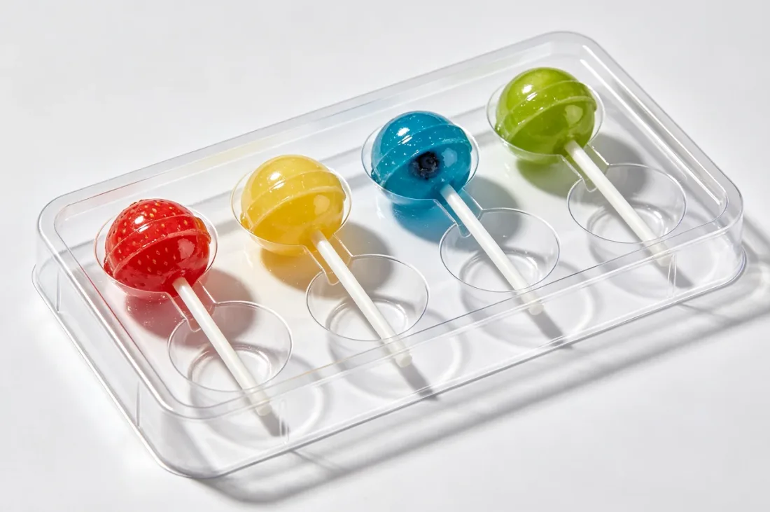 Before: clear plastic tray holding lollipops