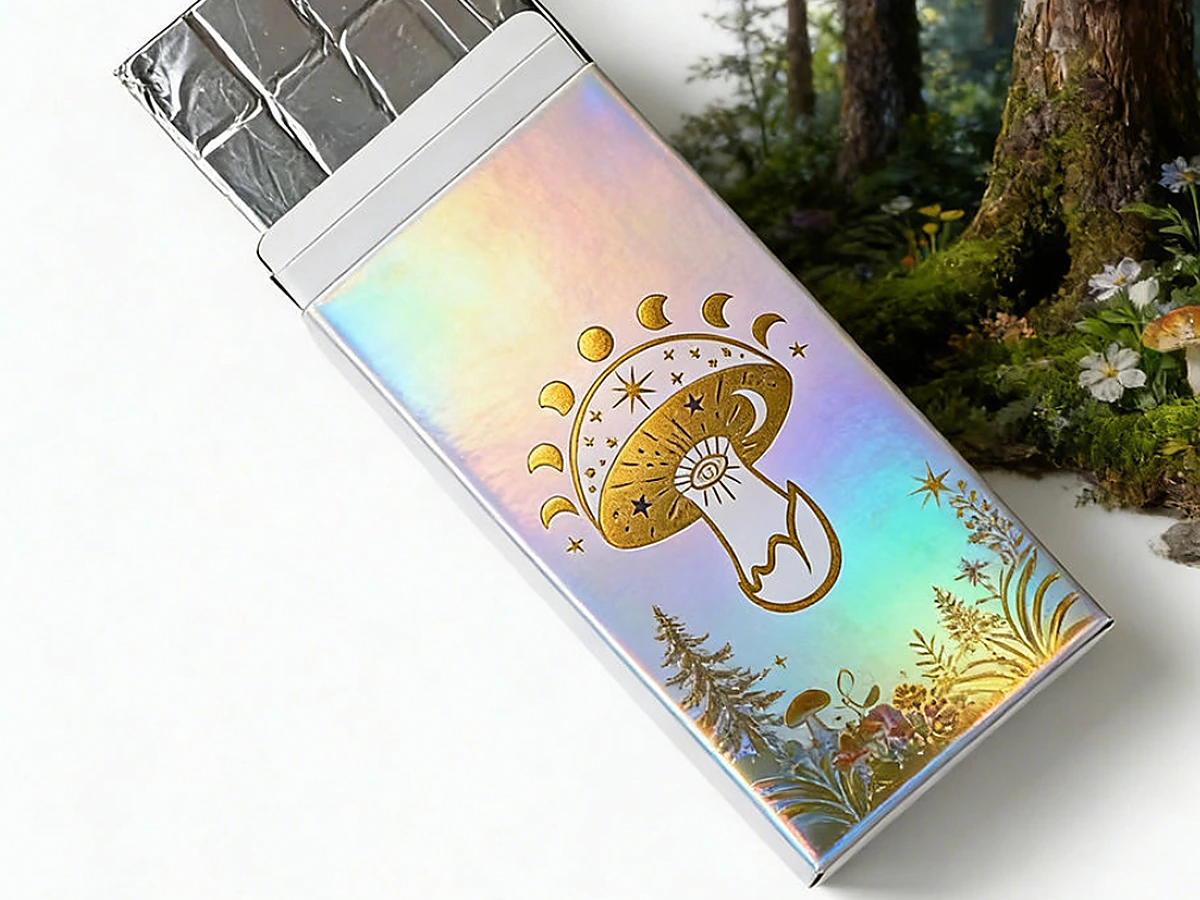 Holographic Foil Chocolate Bar Box with Embossed Mushroom Design