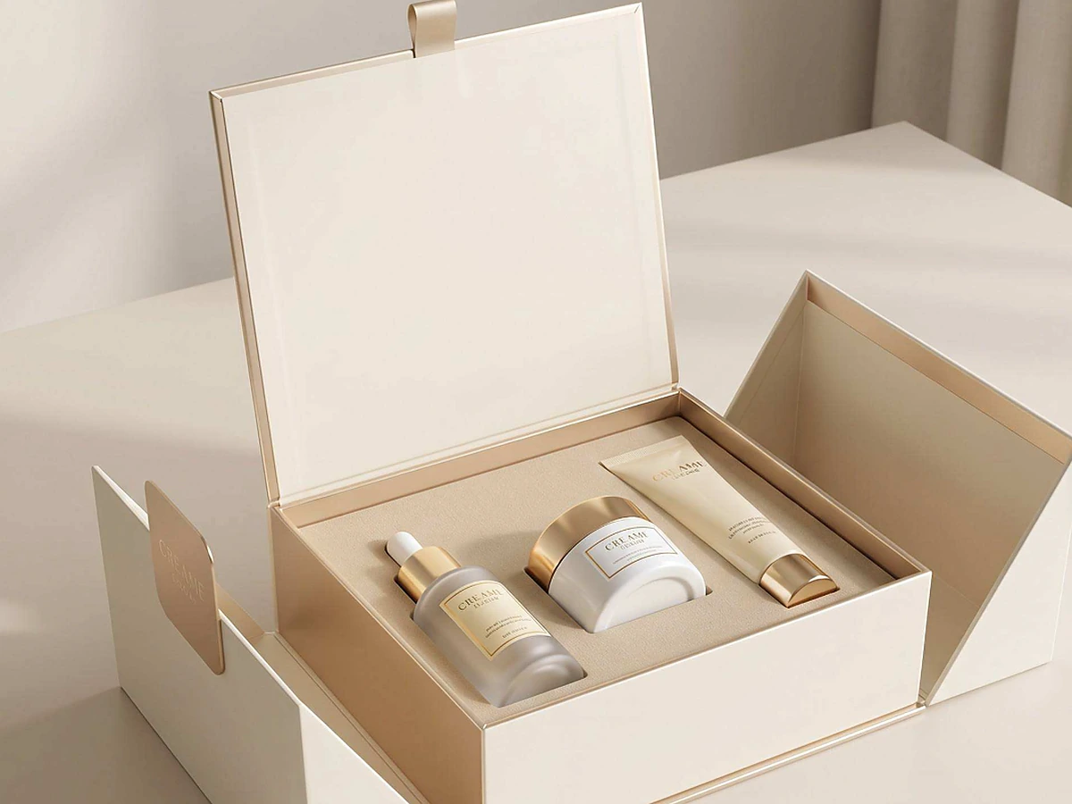 Luxury Cosmetic Gift Set Box with Metal Logo Clasp and Molded Paper Insert