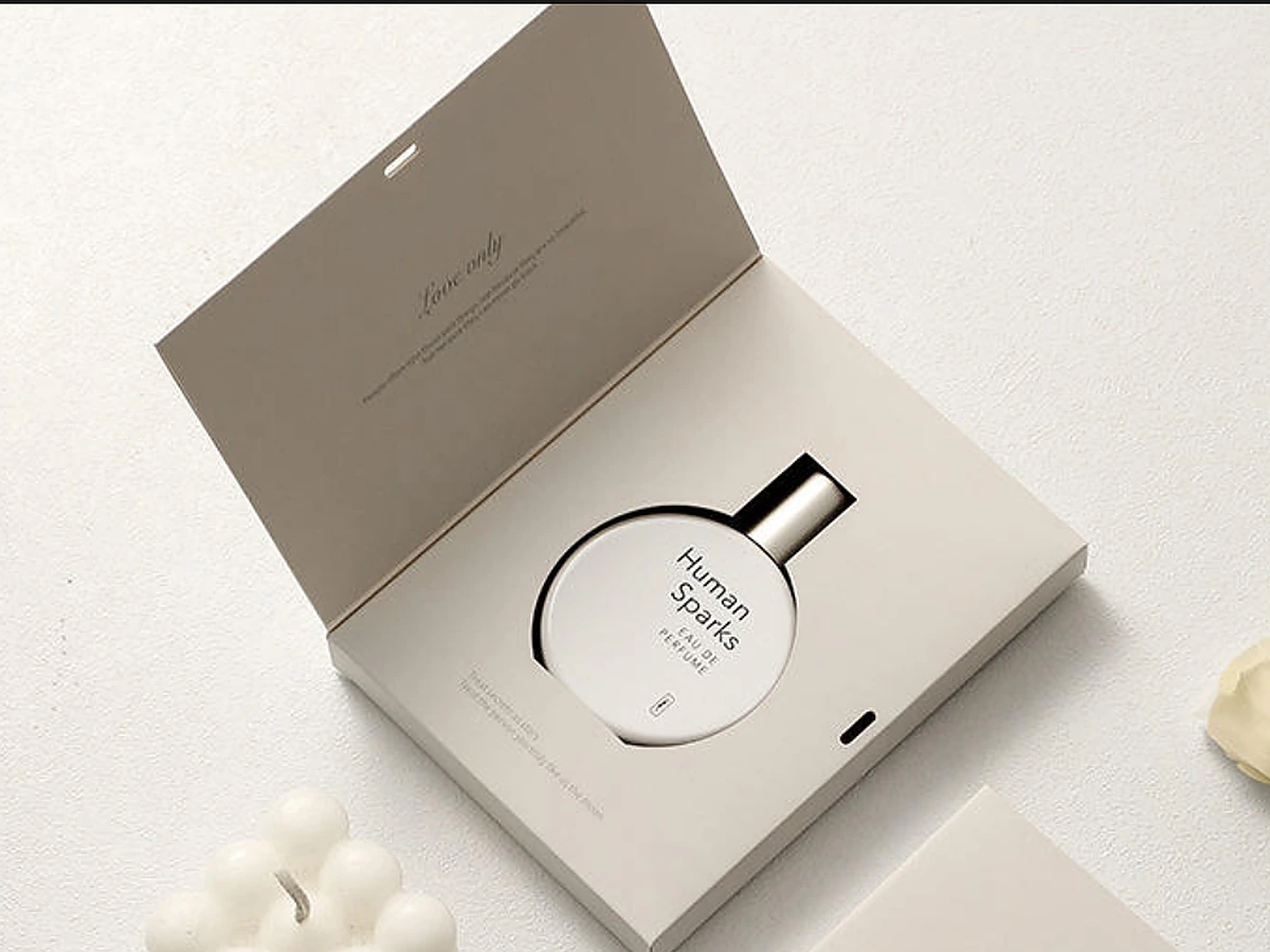 Flat-Pack Beige Book-Style Perfume Box with Ribbon Tie